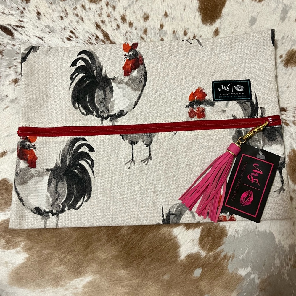 NWT Makeup Junkie size large Rooster Print Clutch with Red Zipper